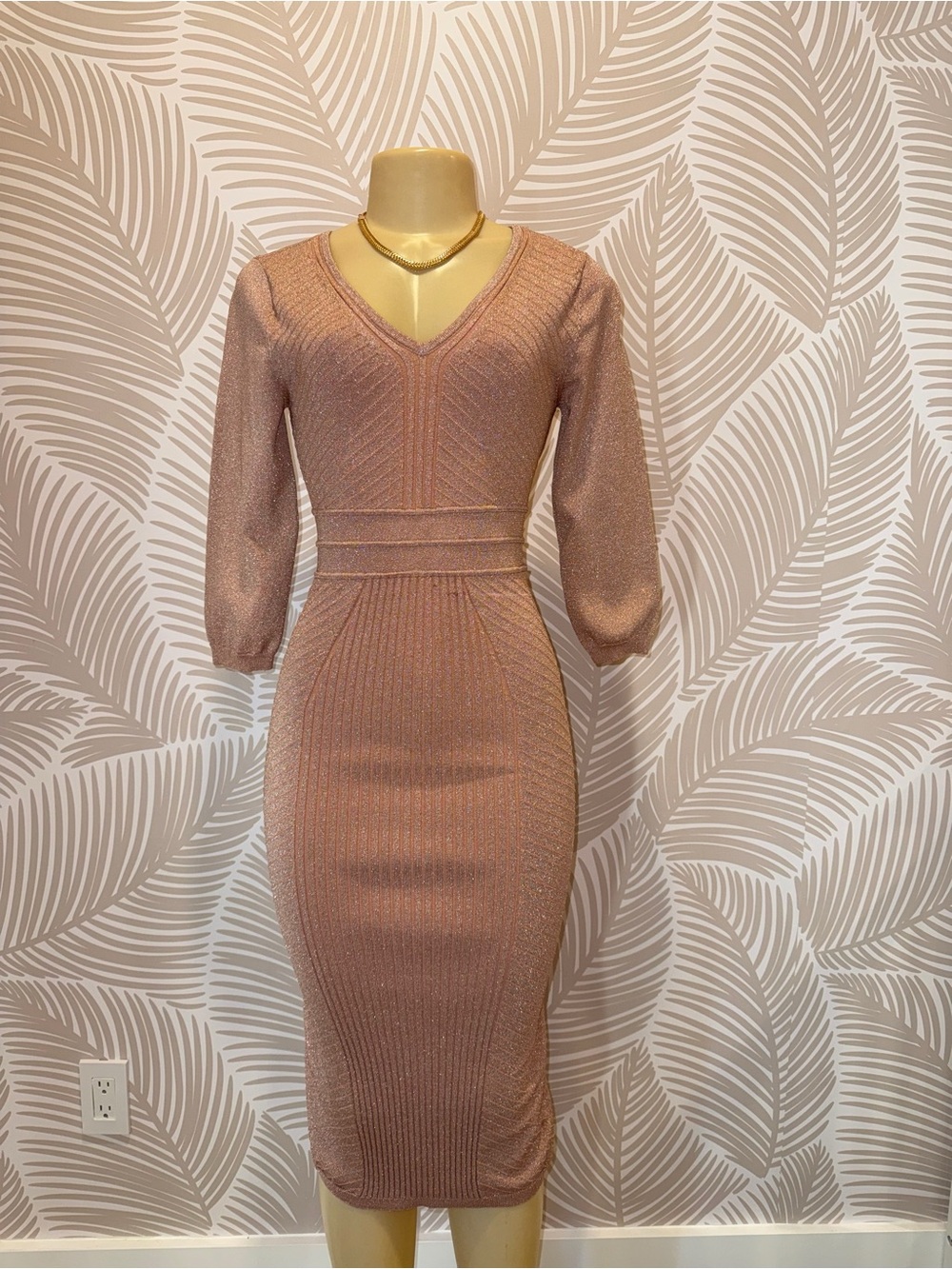 Rose Gold Shimmer V‑Neck Ribbed Midi Dress
